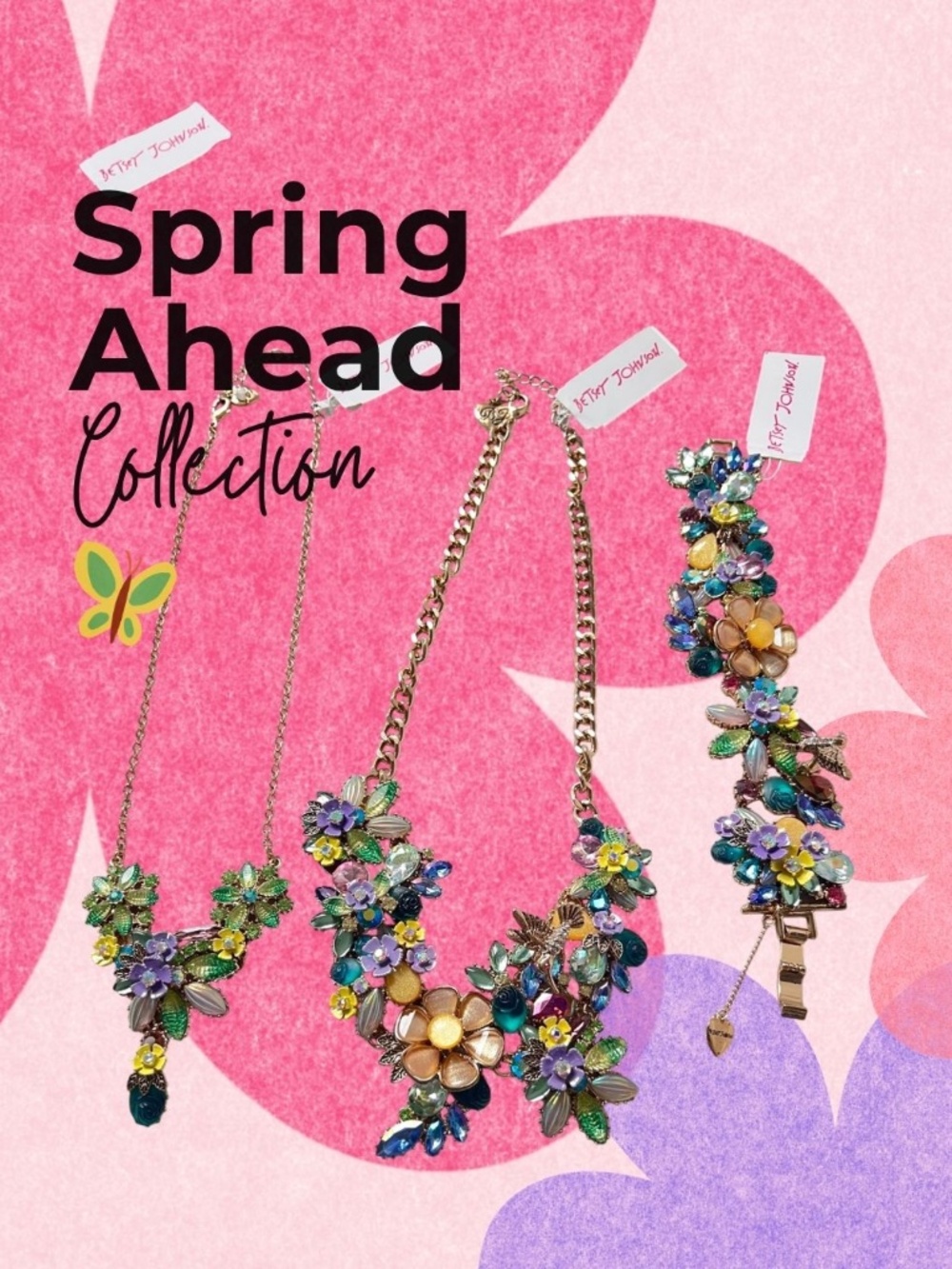 Betsey Johnson Spring Ahead rare set — Y-drop & bib necklaces & bracelet -NWT